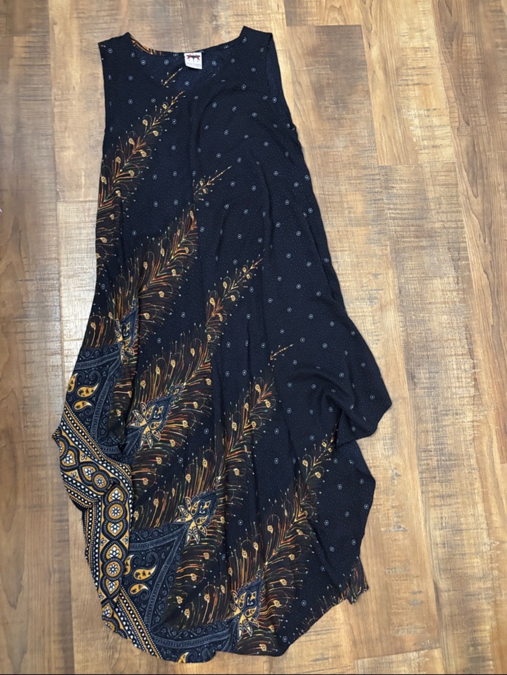 Three Cranes Gallery sleeveless dress boho size Large peacock feathers Navy
